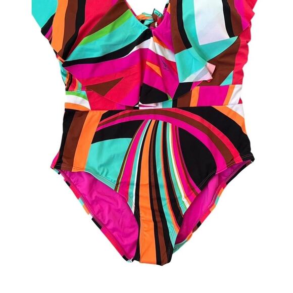 NEW Trina Turk Ruffle Flutter Sleeve Plunge One Piece Swimsuit Colorful Size 10 - Picture 4 of 9
